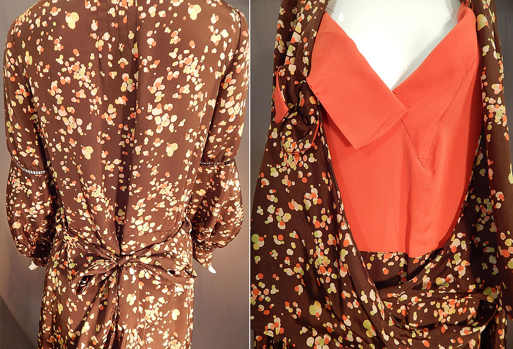 Vintage Brown Silk Polka Dot Bubble Print Belted Wrap Bias Cut Dress
The dress measures 47 inches long, with a 36 inch bust, 30 inch waist and 24 inch long sleeves.