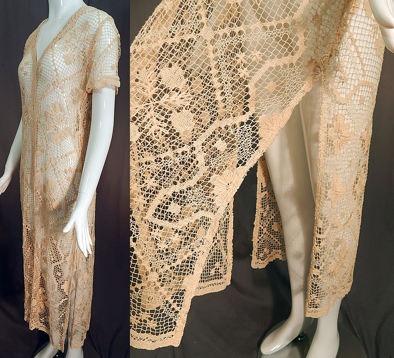 Vintage Boho Cream Crochet Lace Mesh Net Fishnet Side Slit Skirt Shift Dress
It is made of an off white cream color sheer crochet lace mesh net fishnet fabric with woven floral, geometric, squares, polka dot, diamond decorative designs. 