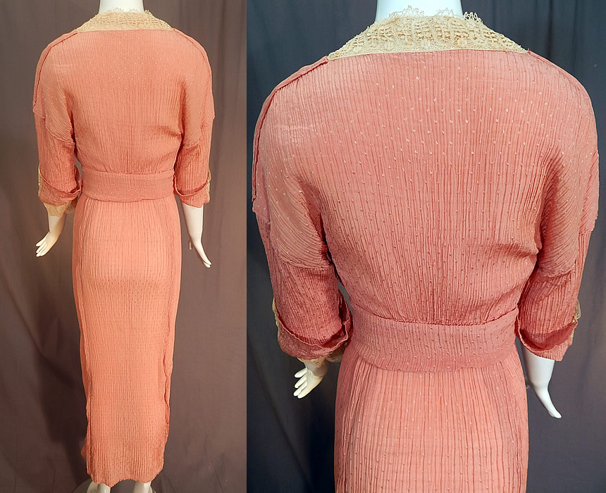 Edwardian Titanic Pleated Pink Silk Crepe Polka Dot Braided Bobbin Lace Dress
It is in good condition, with only a small faint stain on the lace top. This is truly a wonderful quality made piece of wearable art!