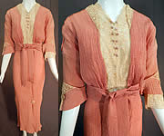 Edwardian Titanic Pleated Pink Silk Crepe Polka Dot Braided Bobbin Lace Dress
