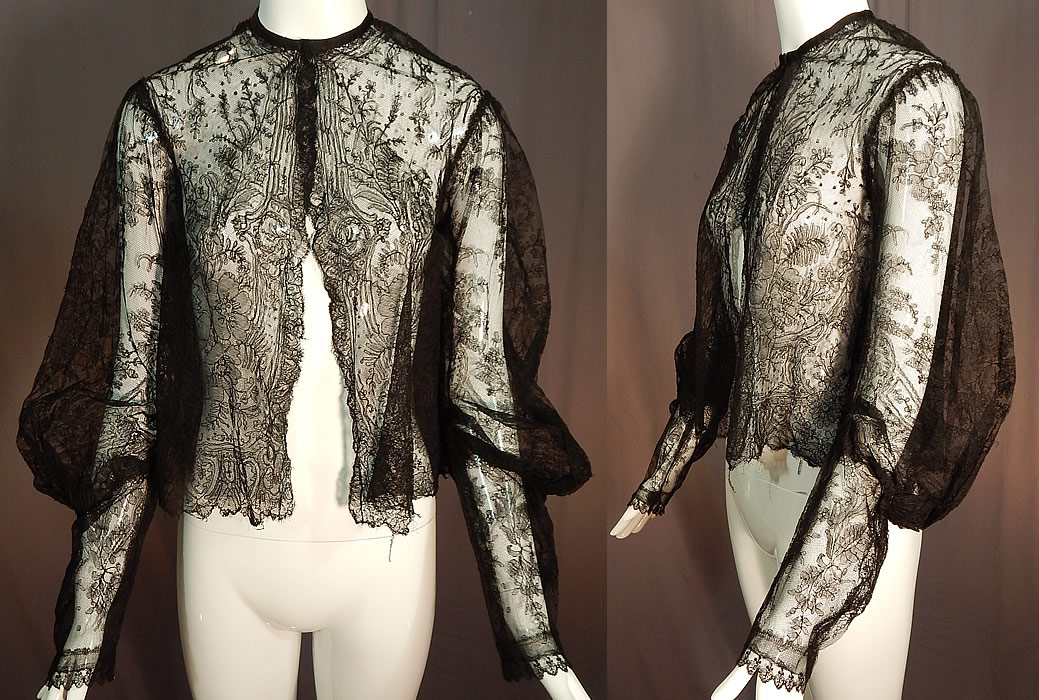 Victorian Antique Black Chantilly Lace Shawl Jacket Leg of Mutton Gigot Sleeve
This antique Victorian era black Chantilly lace shawl jacket leg of mutton gigot sleeve dates from 1890. It is made of a sheer fine delicate black net French Chantilly lace, with a Swiss dot, floral foliage leaf pattern outlined in black threads with detailed shading effects and a decorative scalloped border edging. 