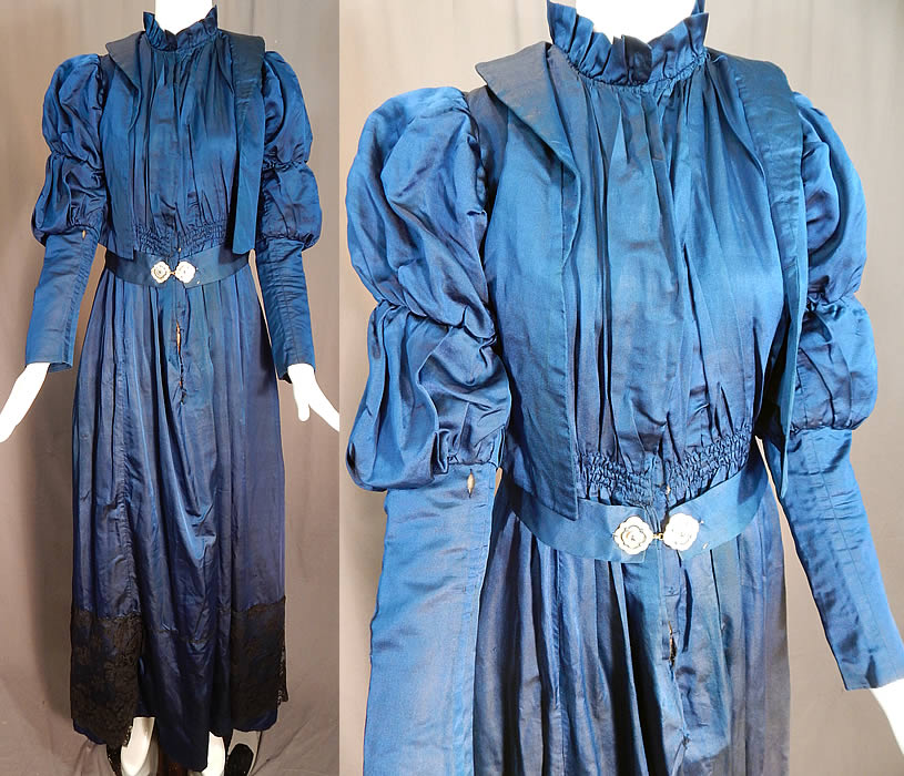 Victorian Royal Blue Silk Gigot Mutton Sleeve Morning Tea Gown Wrapper Robe Dress
This antique Victorian royal blue silk gigot mutton sleeve morning tea gown wrapper robe dress dates from 1890. It is made of a royal blue color silk fabric, with black Chantilly lace trim along the bottom skirt.