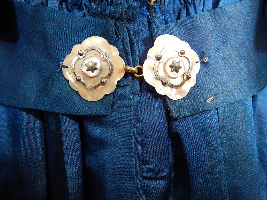 Victorian Royal Blue Silk Gigot Mutton Sleeve Morning Tea Gown Wrapper Robe Dress
The gown measures 58 inches long in the front, 64 inches long in the back, with a 30 inch bust, a 24 inch waist, 12 inches across the back shoulder seam and 22 inch long sleeves. 