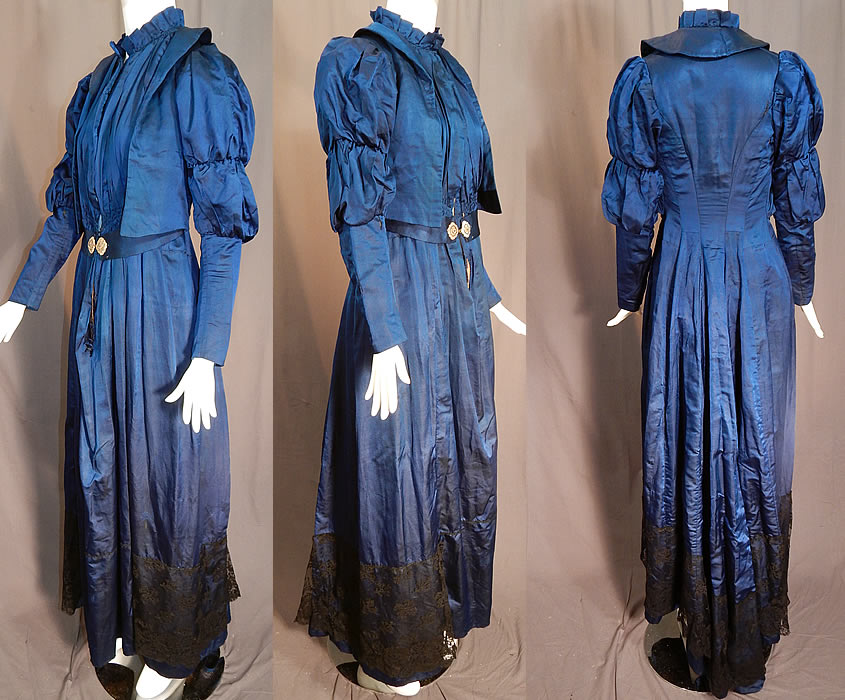 Victorian Royal Blue Silk Gigot Mutton Sleeve Morning Tea Gown Wrapper Robe Dress
This beautiful blue morning tea gown wrapper robe dress has pleated gathering details, gigot leg of mutton style sleeves with fitted straight cuffs, a high collar pleated neck ruffle, hook closures down the front inside bodice insert and outside, an attached belted sash with mother of pearl clasp closure, a long full skirt with slight bustle back train, side skirt pockets and is lined in a flannel fabric for warmth with stays boning sewn inside. 