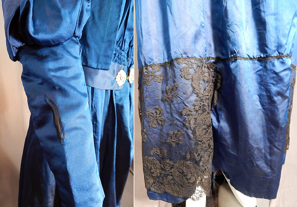 Victorian Royal Blue Silk Gigot Mutton Sleeve Morning Tea Gown Wrapper Robe Dress
It is in fair as-is condition, needing some restoration, with a few frayed splits on the sleeves, back shoulder, along with a mended repair and some lace is missing from the front bottom skirt (see close-ups). This is truly a wonderful piece of Victoriana wearable art!