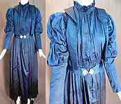 Victorian Royal Blue Silk Gigot Mutton Sleeve Morning Tea Gown Wrapper Robe Dress
