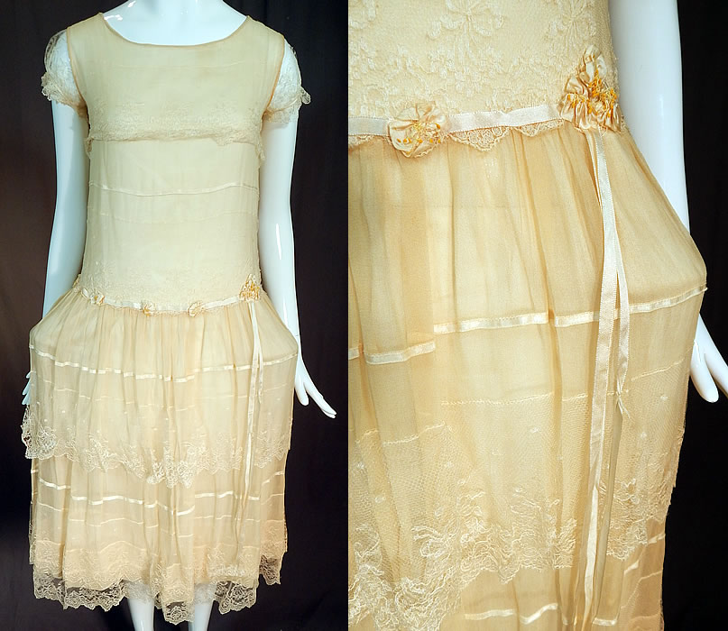 Vintage Robe de Style Yellow Cream Silk Rosette Ribbon Lace Pannier Hoop Dress
This antique robe de style yellow cream silk rosette ribbon lace pannier hoop dress dates from the 1920s. It is made of a pale yellow cream color silk chiffon fabric, with a fine sheer white lace ruffle trim done in a floral garland bow pattern.