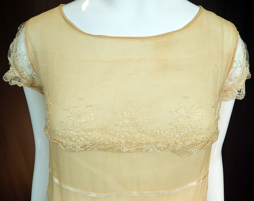 Vintage Robe de Style Yellow Cream Silk Rosette Ribbon Lace Pannier Hoop Dress
There are cream silk ribbon streamers, rosette flowers and belted waist trim skirt. This lovely lace dress has a robe de style which was a romantic alternative to the chemise dress popular in the 1920s. 