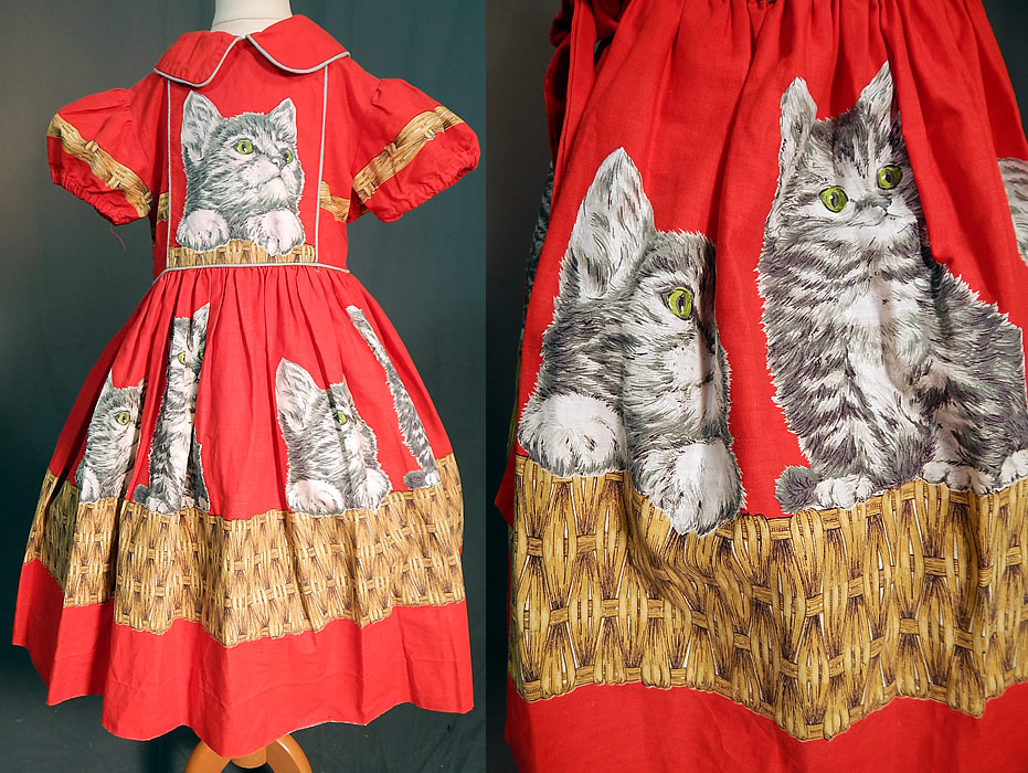 Vintage Girls Red Cotton Kitty Cat Kitten Basket Novelty Print Circle Skirt Dress
This vintage girls red cotton kitty cat kitten basket novelty print circle skirt dress dates from the 1950s. 