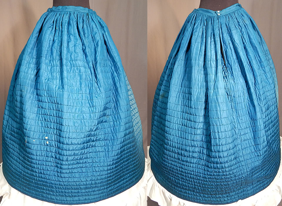 Victorian Bright Blue Silk Quilted Hand Stitched Winter Petticoat Hoop Skirt
This antique Victorian era bright blue silk quilted hand stitched winter petticoat hoop skirt dates from the 1850s. 