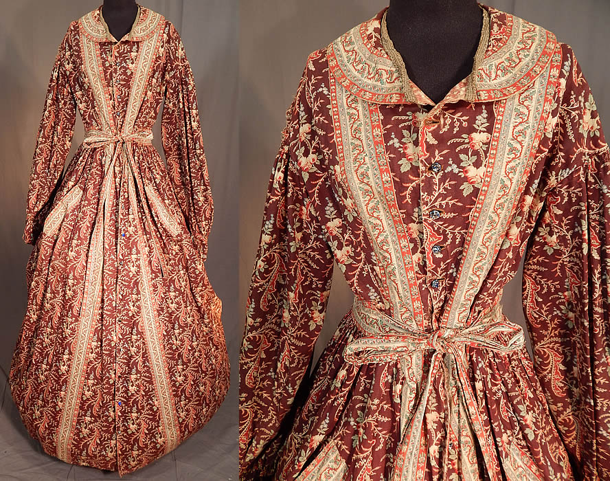 Victorian Civil War Era Chintz Calico Hoop Skirt Morning Wrapper Gown Dress
This antique Victorian Civil War era chintz calico hoop skirt morning wrapper gown dress dates from the 1860s.