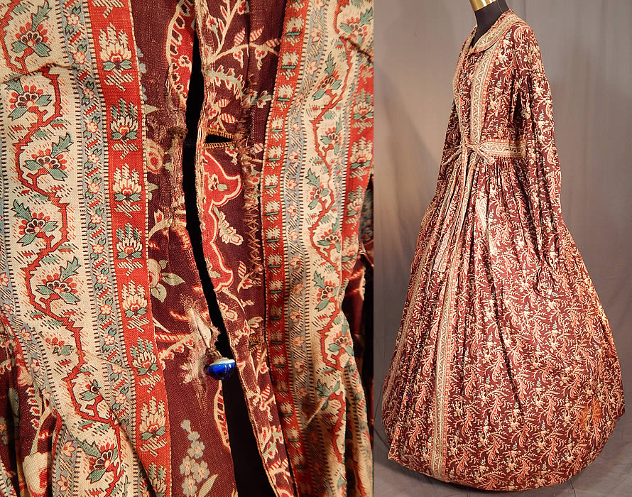 Victorian Civil War Era Chintz Calico Hoop Skirt Morning Wrapper Gown Dress
It is made of autumn fall shades of brown, red, blue and green glazed calico cotton chintz fabrics with a floral vine leaf paisley print and striped border trim design.