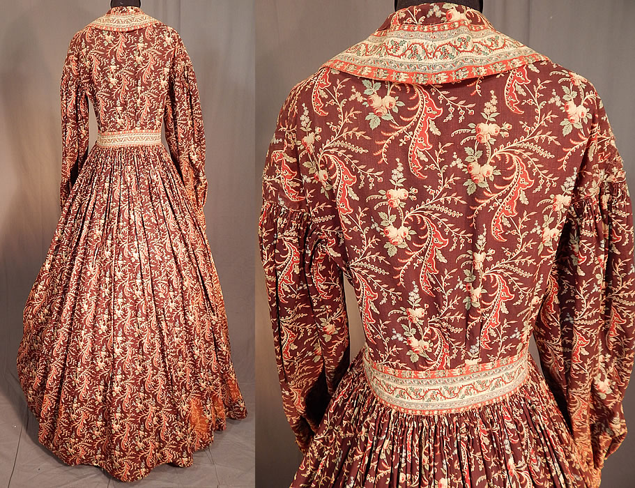 Victorian Civil War Era Chintz Calico Hoop Skirt Morning Wrapper Gown Dress
The dress measures 58 inches long, with a 38 inch bust, 26 inch waist and 25 inch long sleeves. 