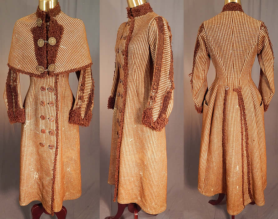 Victorian Brown Mohair Houndstooth Wool Winter Sport Ice Skating Coat & Cape
This amazing antique Victorian era brown mohair houndstooth wool winter sport ice skating coat and cape dates from the 1880s. It is made of a brown and cream color houndstooth check woven wool fabric, with a brown mohair and silk soutache braided border trim edging.