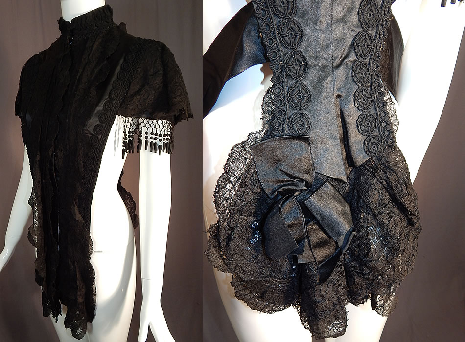 Victorian Black Silk Chantilly Lace Passementerie Mourning Mantle Pelerine Cape
The cape measures 12 inches long in the back, 31 inches long in the front with lappets, 19 inches wide across the back shoulders, with a 14 inch neck. 