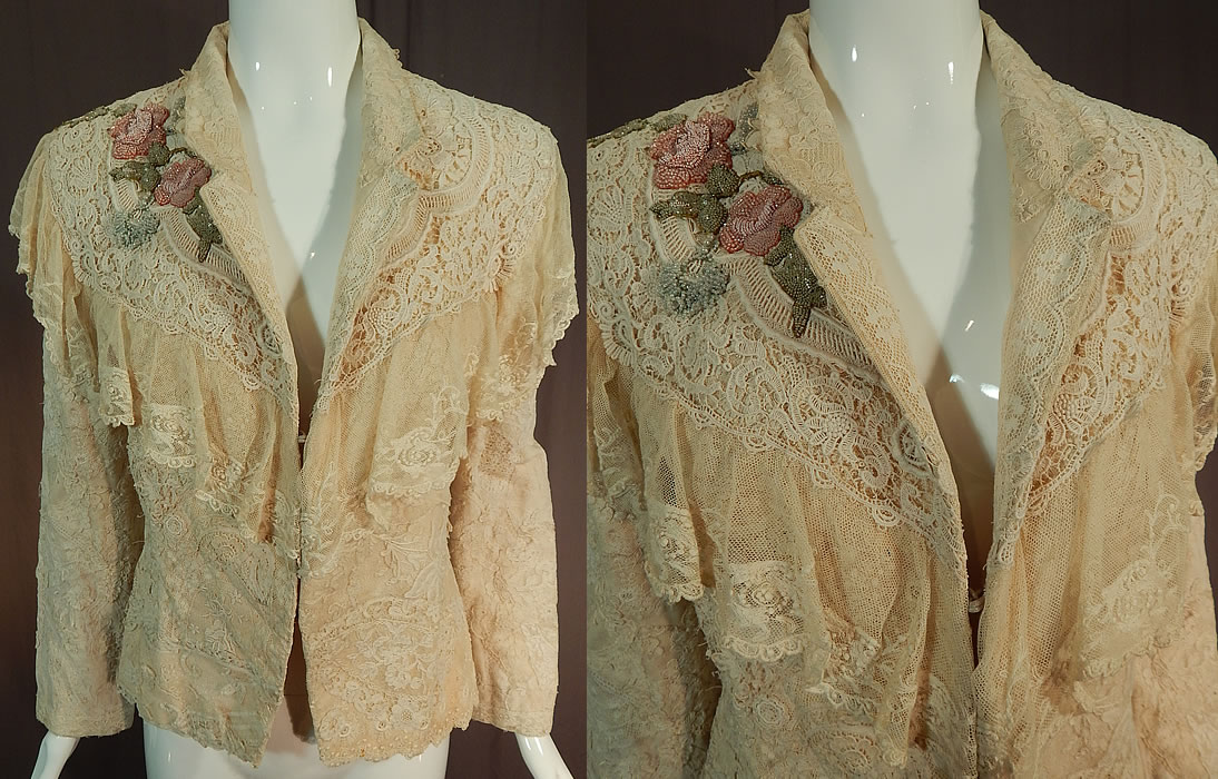 Vintage Antique Patchwork Cream Lace Floral Beaded Applique Trim Suit Jacket
This vintage antique patchwork cream lace floral beaded appliqu&eacute; trim suit jacket dates from 1980. It is made of a variety of antique Victorian era off white cream color lace both machine and hand made created into a patchwork of pieced overlapping laces.