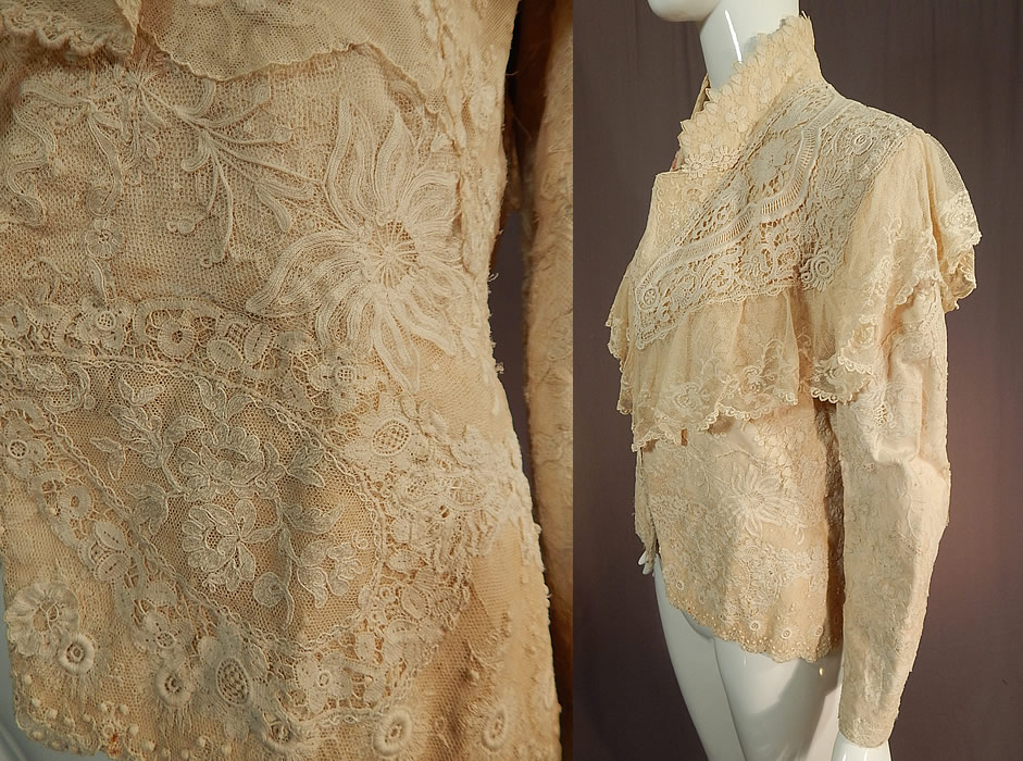 Vintage Antique Patchwork Cream Lace Floral Beaded Applique Trim Suit Jacket
This lovely lace suit jacket has a high neck scalloped lace collar which can be worn up or folded down with a lace trim lapel, an embroidered net ruffle flounce around the shoulders, long full sleeves, broad shoulder padding, hook closures on the front and is fully lined. 