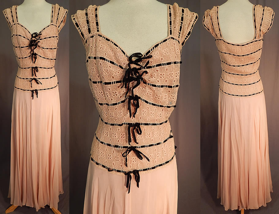 Vintage Dusty Rose Blush Pink Crochet Knit Top Flowing Chiffon Skirt Maxi Dress
This vintage dusty rose blush pink crochet knit top flowing chiffon skirt maxi dress dates from the 1940s. It is made of a dusty rose blush pink color crochet knit fabric top and sheer chiffon skirt, with black velvet ribbon trim woven through the crochet knit top.