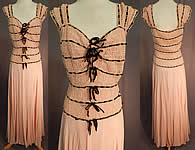 Vintage Dusty Rose Blush Pink Crochet Knit Top Flowing Chiffon Skirt Maxi Dress
