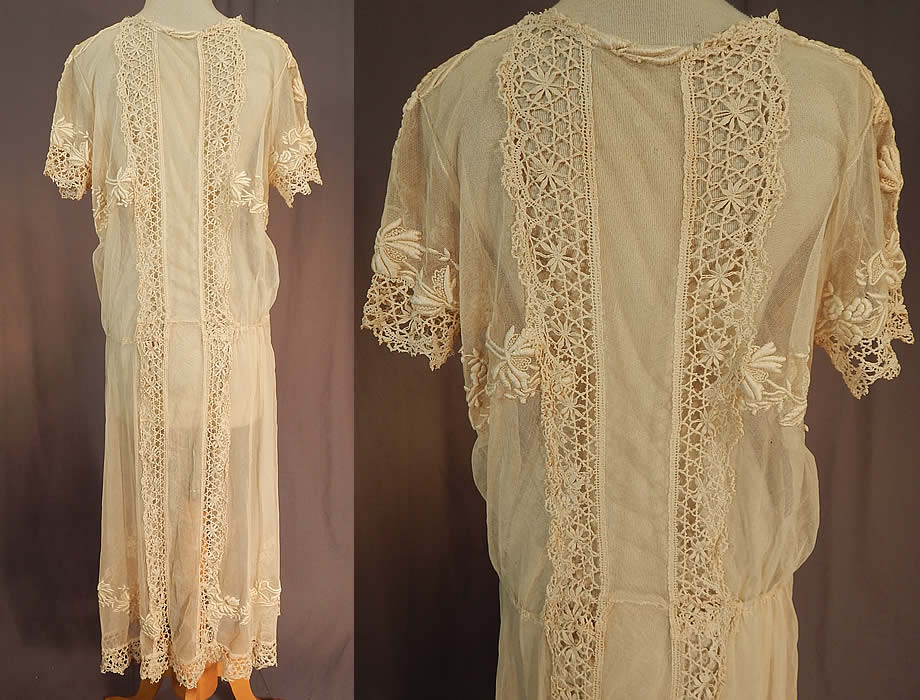 Vintage Cream Tulle Net French Knot Embroidered Floral Lace Drop Waist Dress
This lovely lace dress is loose fitting, with a drop waist, short sleeves, squared front neckline with ecru ribbon trim edging and is sheer, unlined. 