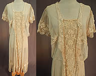 Vintage Cream Tulle Net French Knot Embroidered Floral Lace Drop Waist Dress
