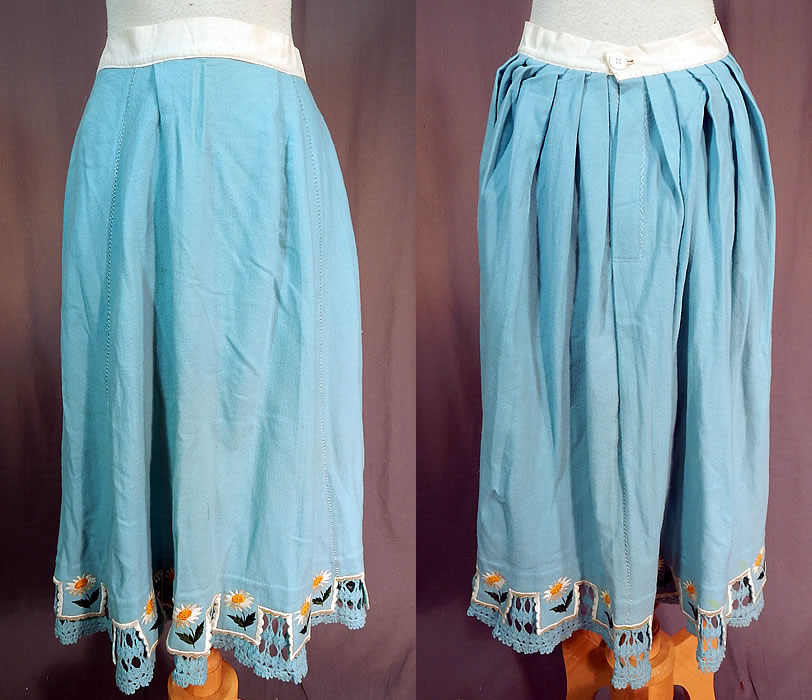 Victorian Robin Egg Blue Wool Embroidered Daisies Crochet Trim Petticoat Skirt
This vintage Victorian era robin egg blue wool embroidered daisies crochet lace trim petticoat skirt dates from 1890.