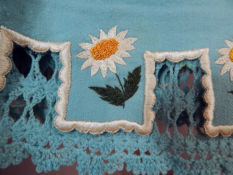 Victorian Robin Egg Blue Wool Embroidered Daisies Crochet Trim Petticoat Skirt
The skirt measures 28 inches long, with a 24 inch waist. The owners name "J.W. Wills" is hand written in ink inside the waistband. It is in excellent condition. 