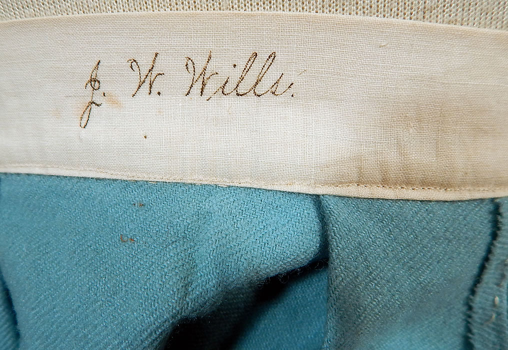 Victorian Robin Egg Blue Wool Embroidered Daisies Crochet Trim Petticoat Skirt
The skirt measures 28 inches long, with a 24 inch waist. The owners name "J.W. Wills" is hand written in ink inside the waistband. It is in excellent condition. This is truly a wonderful and unique piece of antique Victoriana wearable art! 