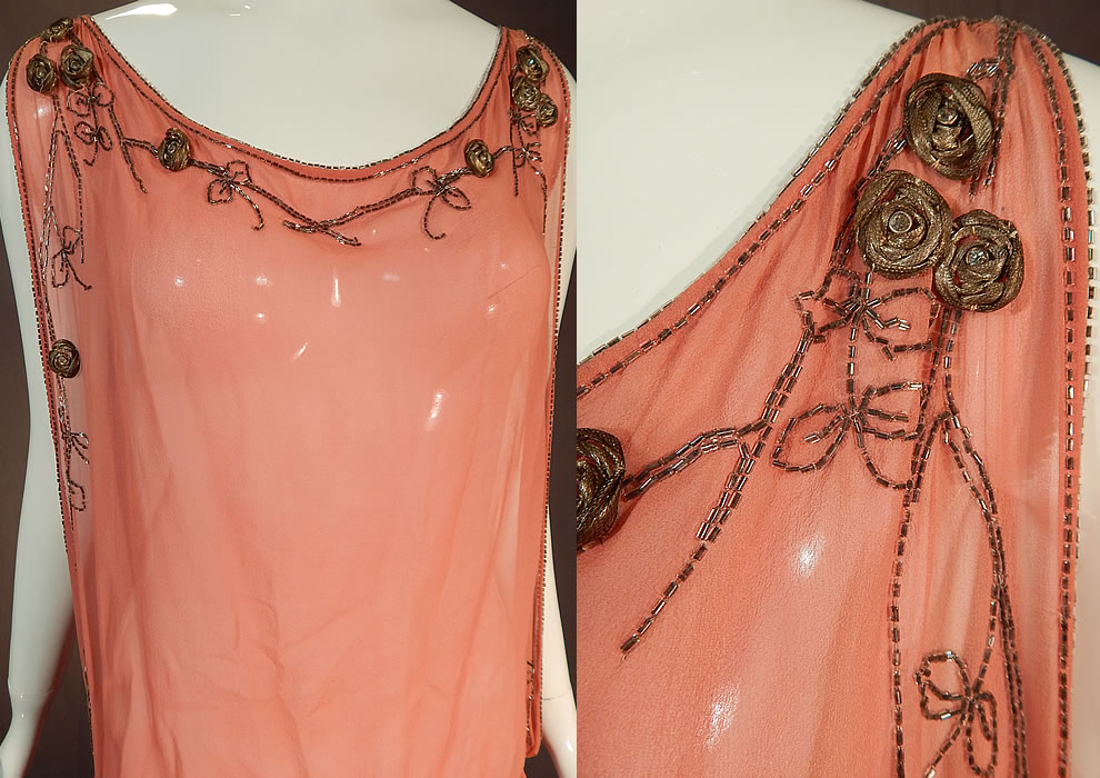 Vintage Art Deco Pink Silk Chiffon Gold Lam&eacute; Rosette Beaded Drop Waist Flapper Dress
This fabulous flapper dress has a loose fitting drop waist, tabard style with smocking along the sides of the waist, sleeveless with wide open arm holes, a side hook closure with bow trim and is sheer, unlined. 