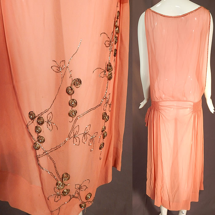 Vintage Art Deco Pink Silk Chiffon Gold Lam&eacute; Rosette Beaded Drop Waist Flapper Dress
The dress measures 50 inches long, with a 36 inch bust and 30 inch waist.