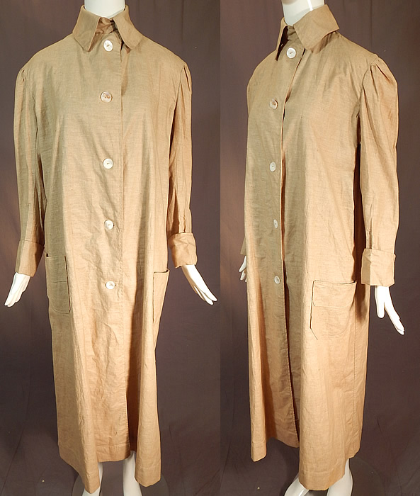 Edwardian Women's Linen Travel Motoring Driving Duster Coat Jacket
This Edwardian era vintage women's linen travel motoring driving duster coat dates from 1910. It is made of a beige ecru cream color quality linen fabric, with large mother of pearl buttons.