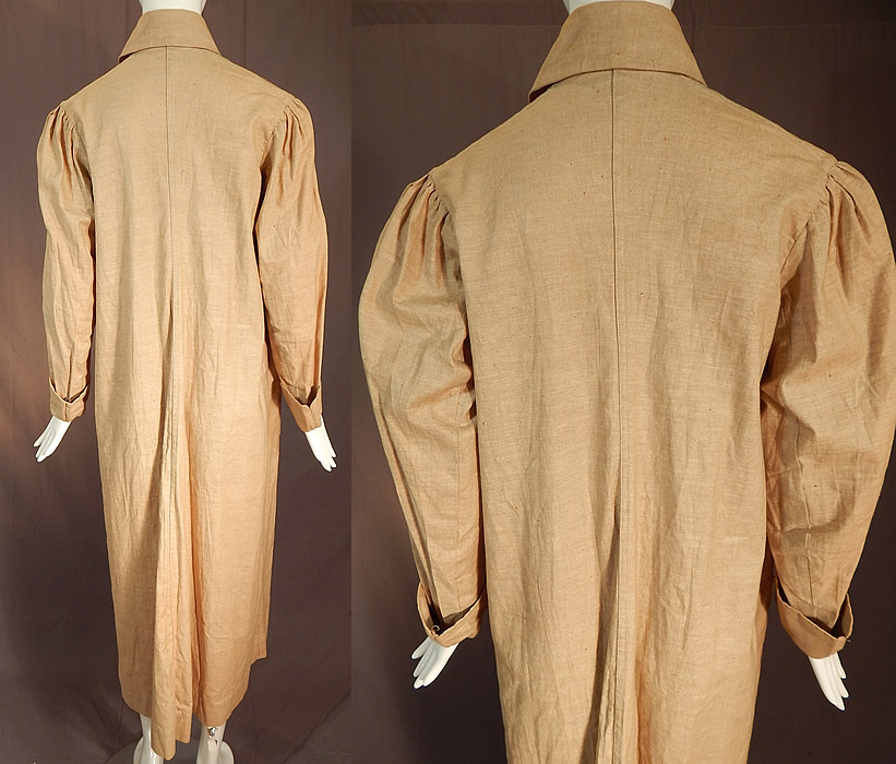 Edwardian Women's Linen Travel Motoring Driving Duster Coat Jacket
This classic women's long loose fitting floor length duster motoring coat jacket has a fold over collar which can be worn turned up with neck strap closure, two deep patch pockets, gathered shoulders, long full sleeves with rolled cuffs, mother of pearl button closures down the front and is unlined. The coat measures 50 inches long, with a 40 inch bust, 40 inch waist, 22 inch long sleeves and is 13 inches across the back shoulder seams. 