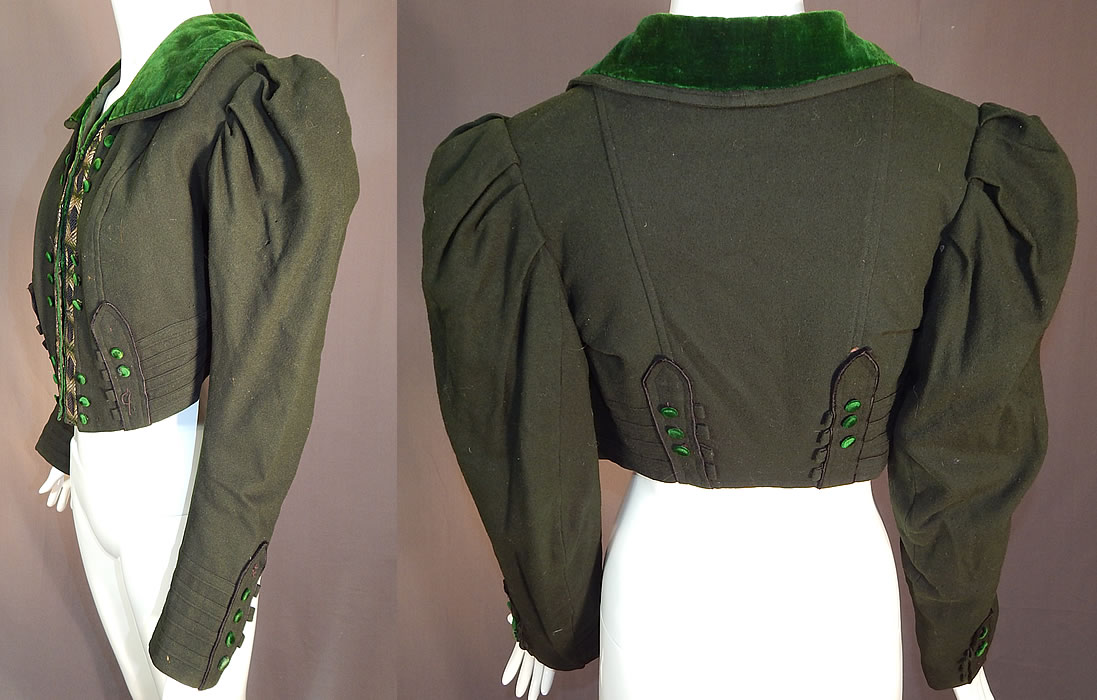 Victorian Dark Green Wool Velvet Trim Short Crop Coat Bolero Jacket
The jacket measures 17 inches long, with a 35 inch bust, 28 inch wait and 24 inch long sleeves. 
