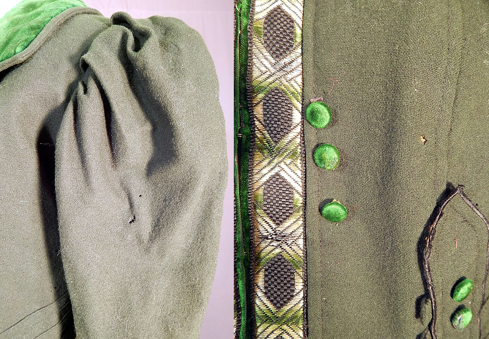 Victorian Dark Green Wool Velvet Trim Short Crop Coat Bolero Jacket
It is in good as-is condition, with a few tiny moth nip holes, some missing button trim and slight fraying on the inside silk lining. This is truly a wonderful piece of wearable antique Victoriana art!