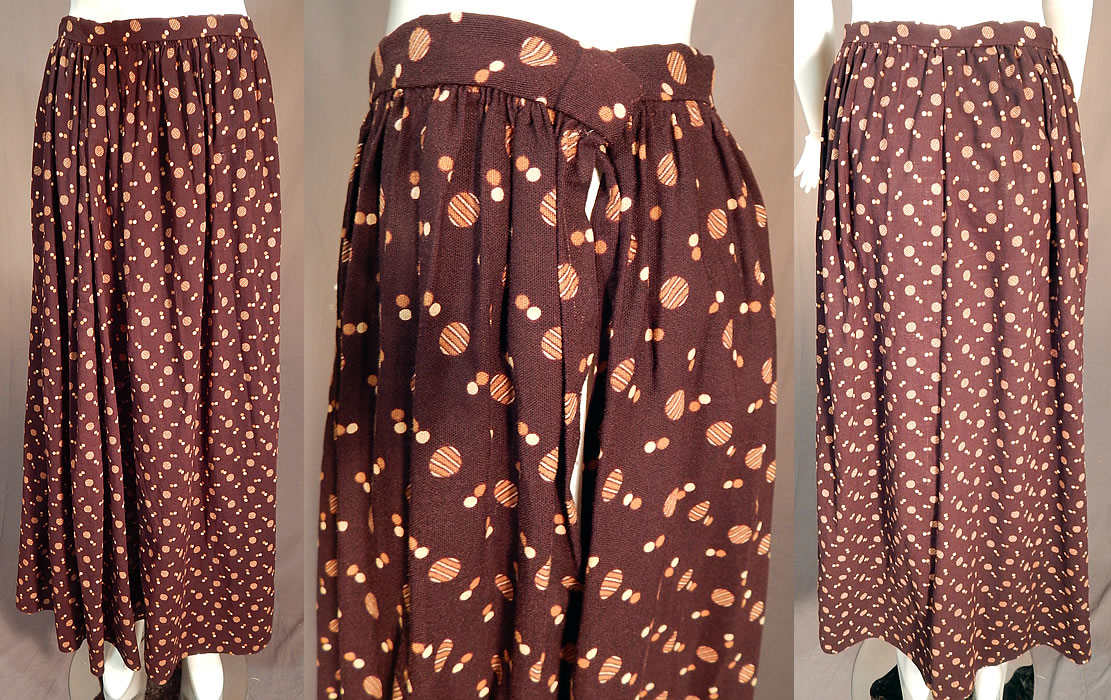 Victorian Brown Circle Polka Dot Print Fine Wool Winter Petticoat Skirt
This antique Victorian era brown circle polka dot print fine wool winter petticoat skirt dates from 1890. It is made of a dark brown color fine wool fabric, with a reddish brown and off white striped ball circle polka dot print pattern design.