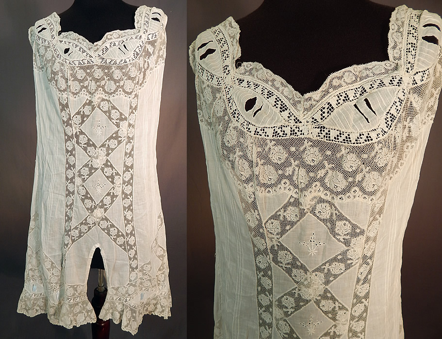 Edwardian White Cotton Batiste Lace Lingerie Chemise Camiknicker Teddy
This vintage Edwardian era white cotton batiste lace lingerie chemise camiknicker teddy dates from 1910. It is made of a sheer white cotton batiste fabric with pintuck pleating, eyelet embroidery work center front medallions, white Valenciennes, filet lace trim inserts and edging.