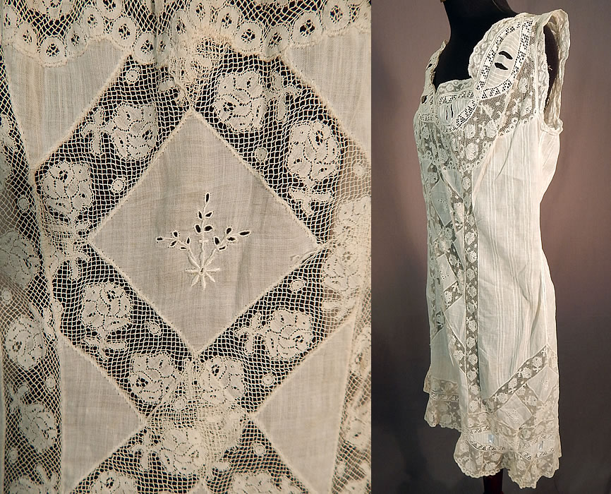 Edwardian White Cotton Batiste Lace Lingerie Chemise Camiknicker Teddy
This lovely lingerie one piece camiknicker teddy chemise is loose fitting, has an open split crotch bottom, short pant legs with blue ribbon woven through the cuffs, missing the ribbon around the neckline, sleeveless, button back closures and is sheer, unlined. 