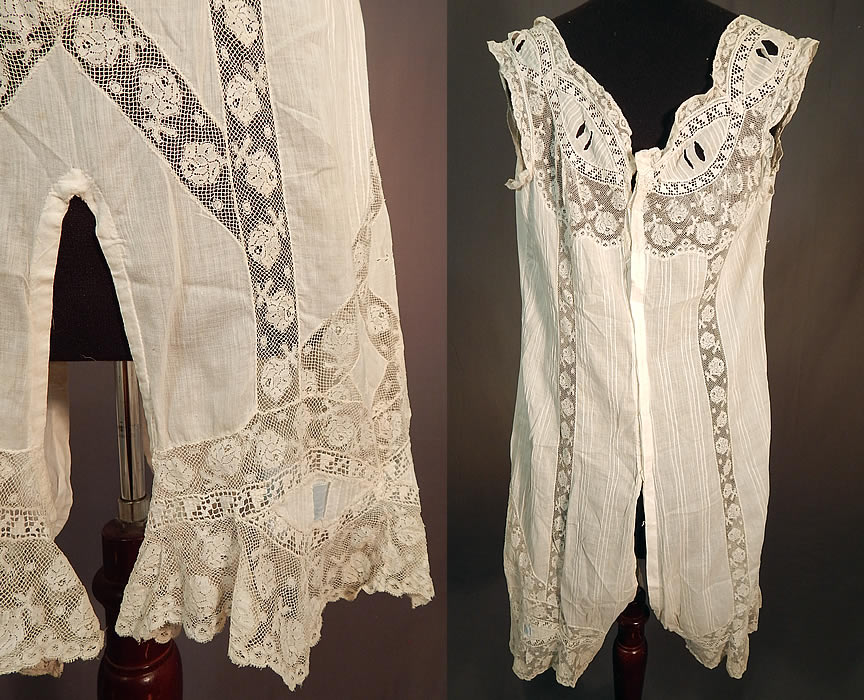 Edwardian White Cotton Batiste Lace Lingerie Chemise Camiknicker Teddy
The teddy measure 34 inches long, with a 34 inch bust and 30 inch waist. It is in good condition, with only a small fray on the lace neckline (see close-up). This is truly a wonderful piece of fancy lacy lingerie wearable art!