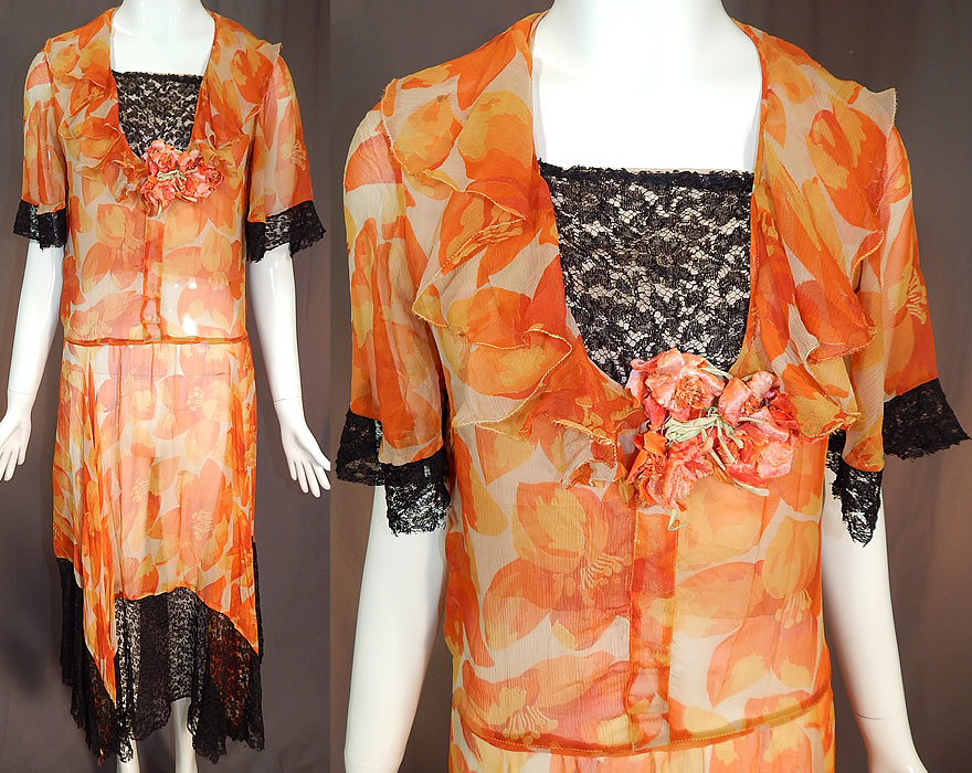 Vintage Floral Orange Blossom Print Silk Chiffon Black Lace Handkerchief Skirt Dress
his vintage floral orange blossom print silk chiffon black lace handkerchief skirt dress dates from the 1930s. 