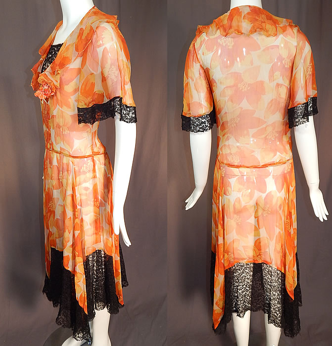 Vintage Floral Orange Blossom Print Silk Chiffon Black Lace Handkerchief Skirt Dress
There is a orange velvet flower bouquet trim on the front neckline. 