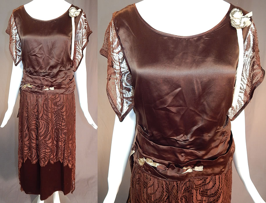 Vintage Brown Silk Lace Handkerchief Skirt Rosette Ribbon Trim Flapper Dress
This vintage brown silk lace handkerchief skirt rosette ribbon trim flapper dress dates from 1920. It is made of a dark brown silk satin fabric, with sheer brown silk lace done in an Art Deco abstract swirl pattern on the sleeves and skirt overlay.