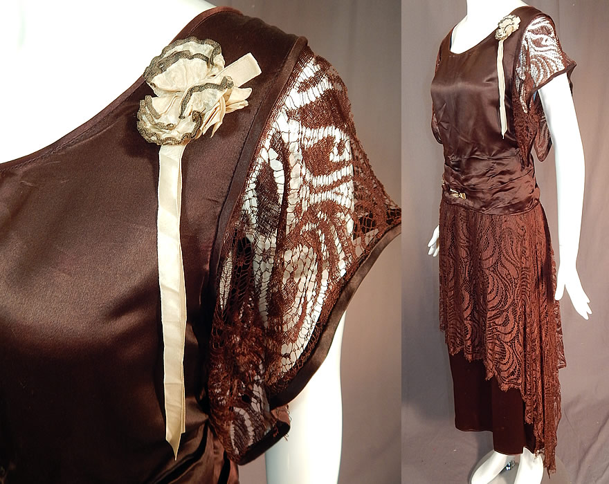 Vintage Brown Silk Lace Handkerchief Skirt Rosette Ribbon Trim Flapper Dress
here are brown, cream silk ribbon bow trimmings on the front waist and a rosette flower trim with gold metallic accents on the shoulder. 