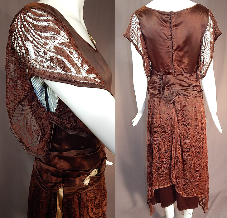 Vintage Brown Silk Lace Handkerchief Skirt Rosette Ribbon Trim Flapper Dress
 The dress measures 47 inches long, with a 32 inch bust and 28 inch waist. It is in good as-is condition, with a small stain on the skirt bottom, a small frayed split along the underarm seam and a few small holes, breaks in the lace (see close-ups of sleeves). This is truly a wonderful piece of wearable textile art!