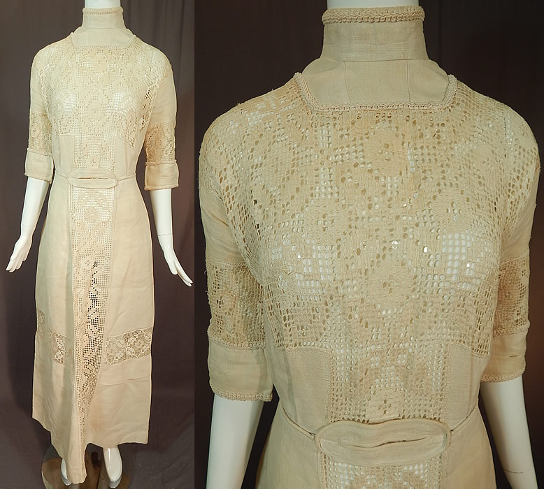 Edwardian Cream Color Linen Filet Lace Tea Gown Dress
This antique Edwardian era cream color linen filet lace tea gown dress dates from 1910. It is made of a cream color heavy quality made woven linen fabric, lightly starched, with filet lace fabric inserts. 