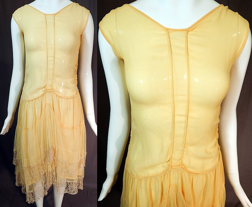 Vintage Art Deco Yellow Silk Cobweb Lace Handkerchief Skirt Flapper Dress
This vintage Art Deco yellow silk cobweb lace handkerchief skirt flapper dress dates from the 1920s. It is made of a pale pastel lemon chiffon yellow sheer silk chiffon fabric with yellowish cream color sheer fine cobweb silk lace, tulle net trim along the bottom skirt. 