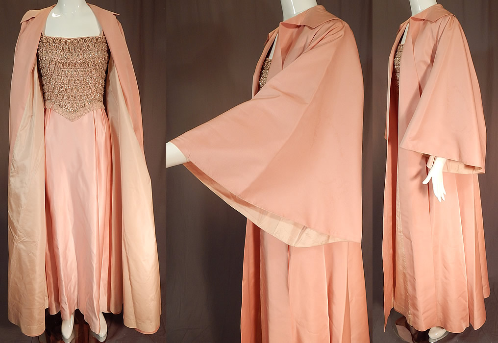 Vintage Victoria Royal Hong Kong Pink Silk Crystal Beaded Evening Gown & Coat
This pretty pink evening ensemble includes a long floor length gown with pleated full skirt, watteau back train drape, a fitted sleeveless bodice with squared neckline, backless, fully lined and has a back zipper closure. The dress measures 57 inches long, with a 34 inch bust and 26 inch waist. 