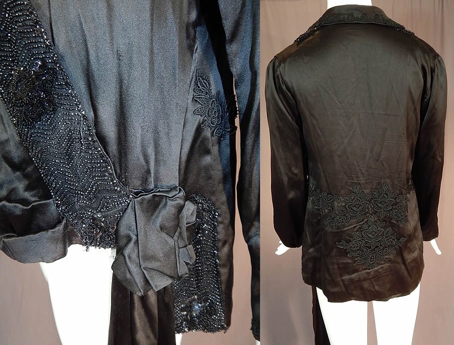 Vintage Art Deco Black Silk Sequin Beaded Flapper Blouse Dress Shirt
This fabulous flapper blouse dress shirt evening top has a loose fitting drop waist style, with a fold over wrap front neckline, a long side sash tie with rosette trim, long full sleeves with fitted cuffs, snap closures along the front side opening and is unlined. 