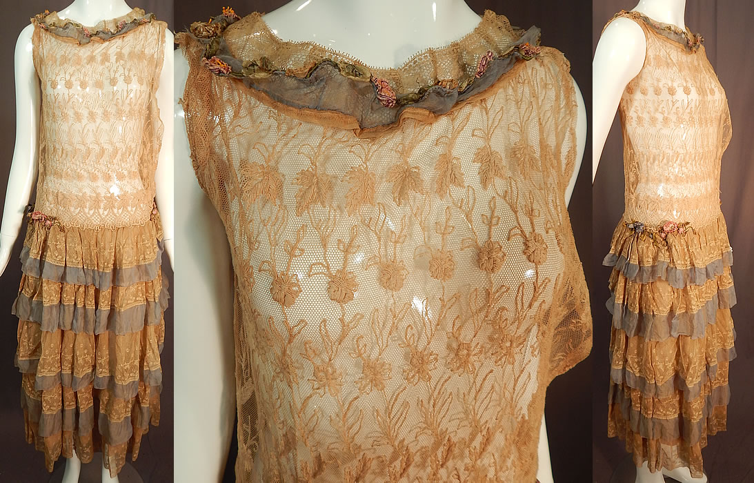 Vintage Cream Tambour Embroidery Lace Silk Rosette Drop Waist Dress
This vintage cream tambour embroidery lace silk rosette drop waist dress dates from the 1920s.