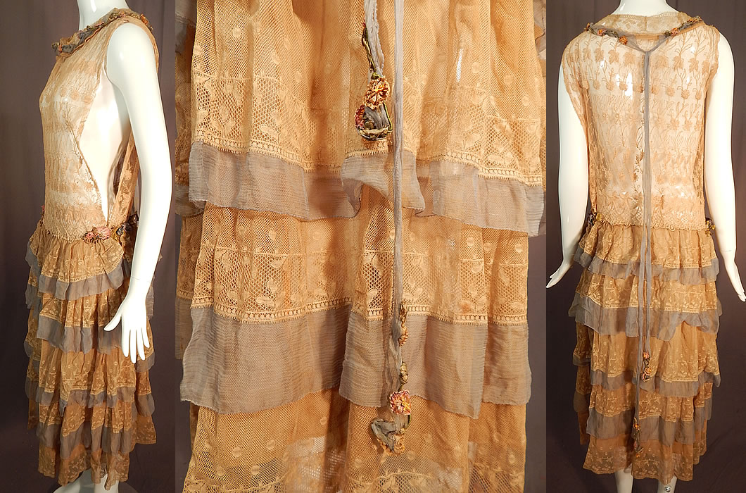 Vintage Cream Tambour Embroidery Lace Silk Rosette Drop Waist Dress
It is made of an off white cream color sheer cotton net fabric with tambour embroidery work flowers on the top and blue silk chiffon, lace trim ruffles along the layered tiered skirt.