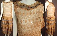 Vintage Cream Tambour Embroidery Lace Silk Rosette Drop Waist Dress
